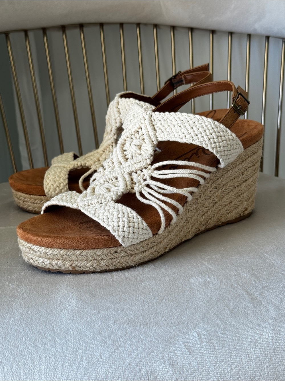 Zodiac Palm Crochet Wedge Espadrille Sandals Size 8 Shoes Cream Brown